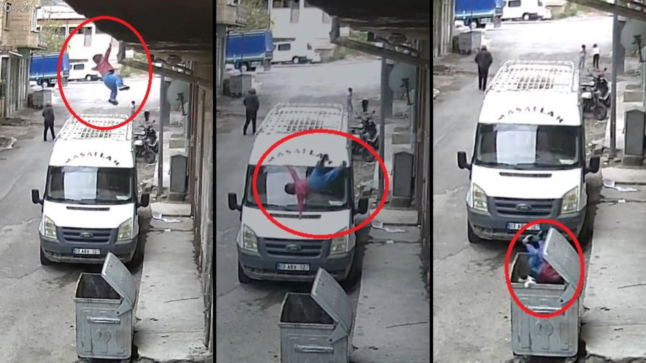 İkinci kattan çöp konteynerine uçtu