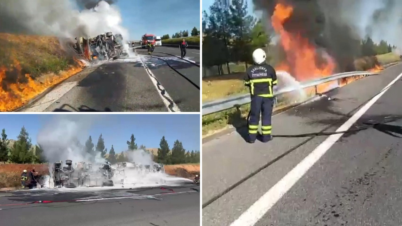 Akaryakıt yüklü tanker devrildi: Yangın çıktı