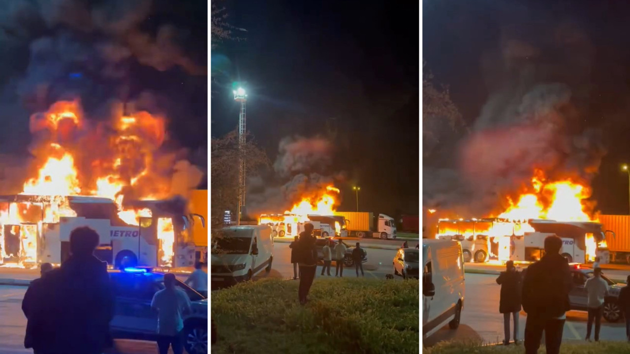 Yolcu otobüsü dinlenme tesisinde alev alev yandı