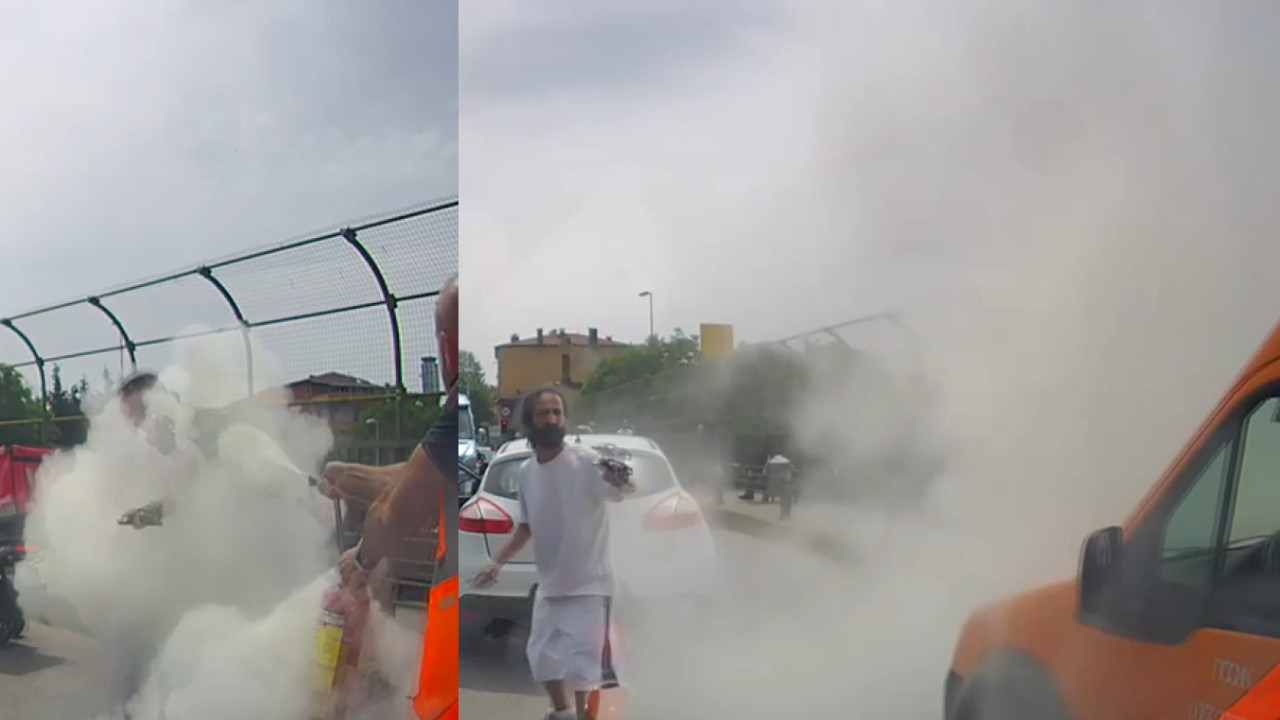 Bıçaklı saldırıya yangın tüpüyle karşılık verdi