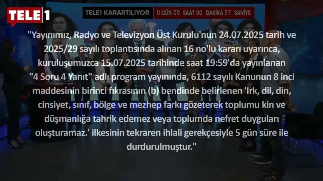 TELE1 ekranları 5 günlük yayın durdurma cezası kapsamında karardı