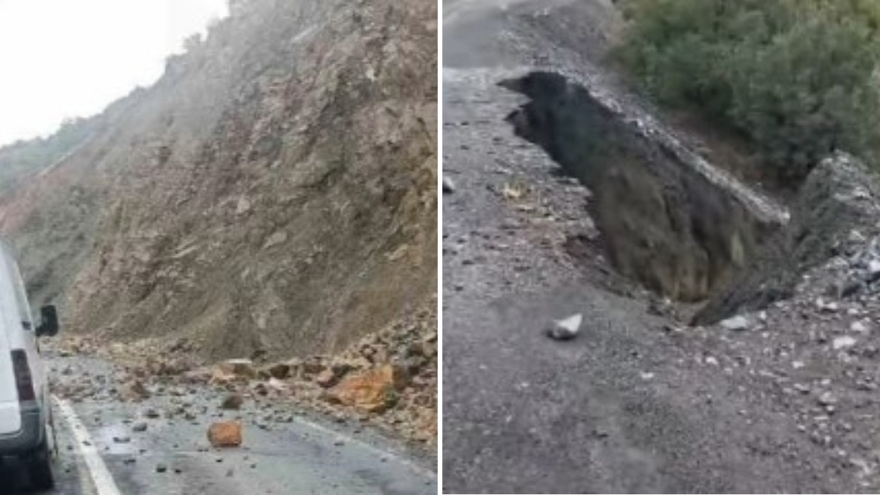 Yağış sonrası kaya parçaları düştü, yolda çökme oldu