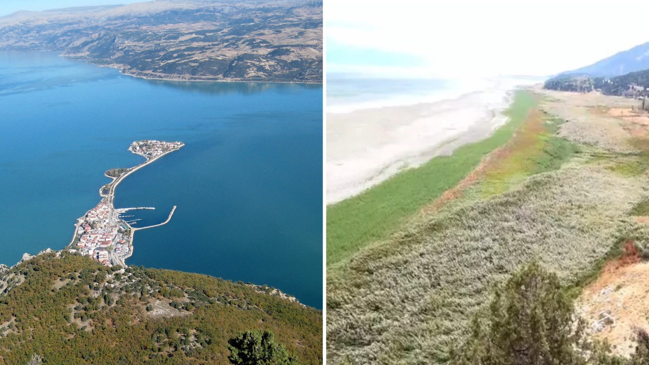 Eğirdir Gölü ikiye bölündü, su çekilince hayvanların otlağına dönüştü