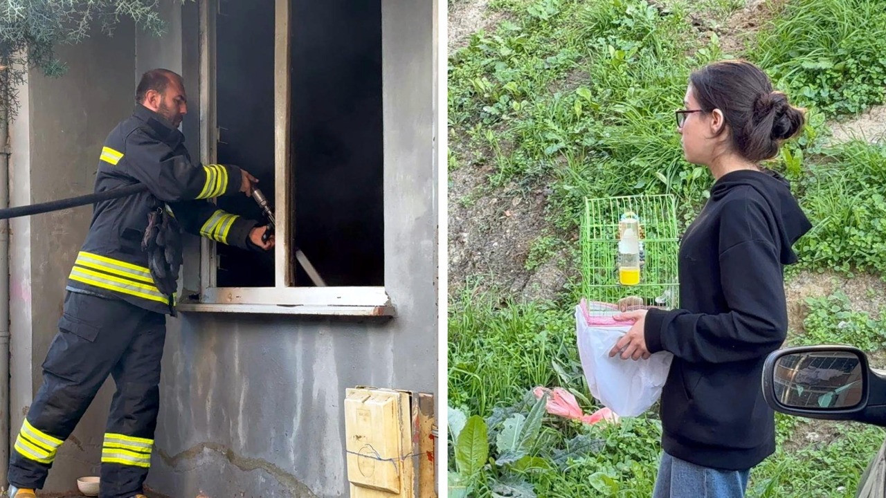 Yangında dumanın kapladığı apartmandaki evlerinden kafesteki kuşu ile çıktı