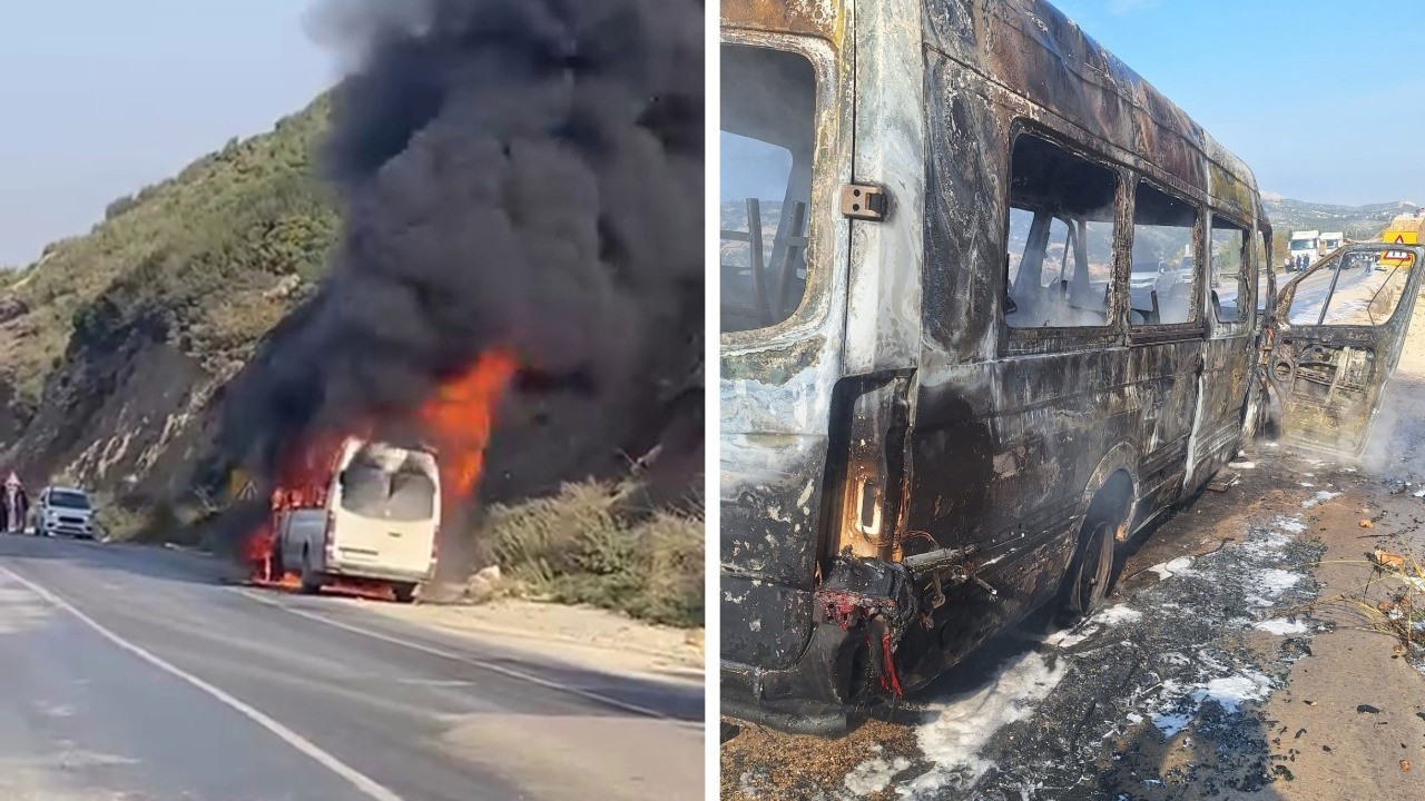 Seyir halindeki minibüs alev aldı