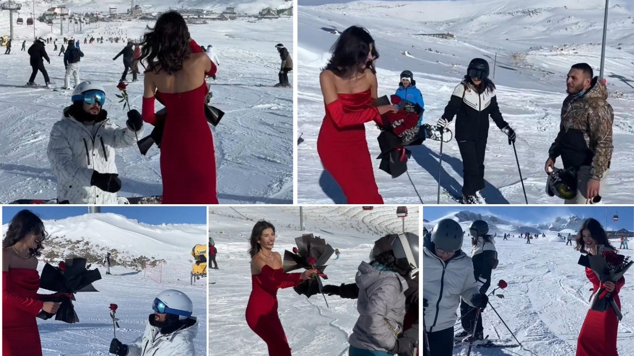 Kırmızı elbisesiyle Erciyes’te kayak yapıp, gül dağıttı
