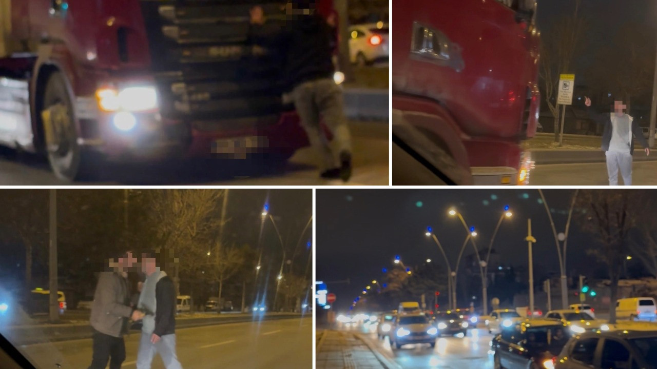 TIR’ın önüne atladı, trafiği kilitledi