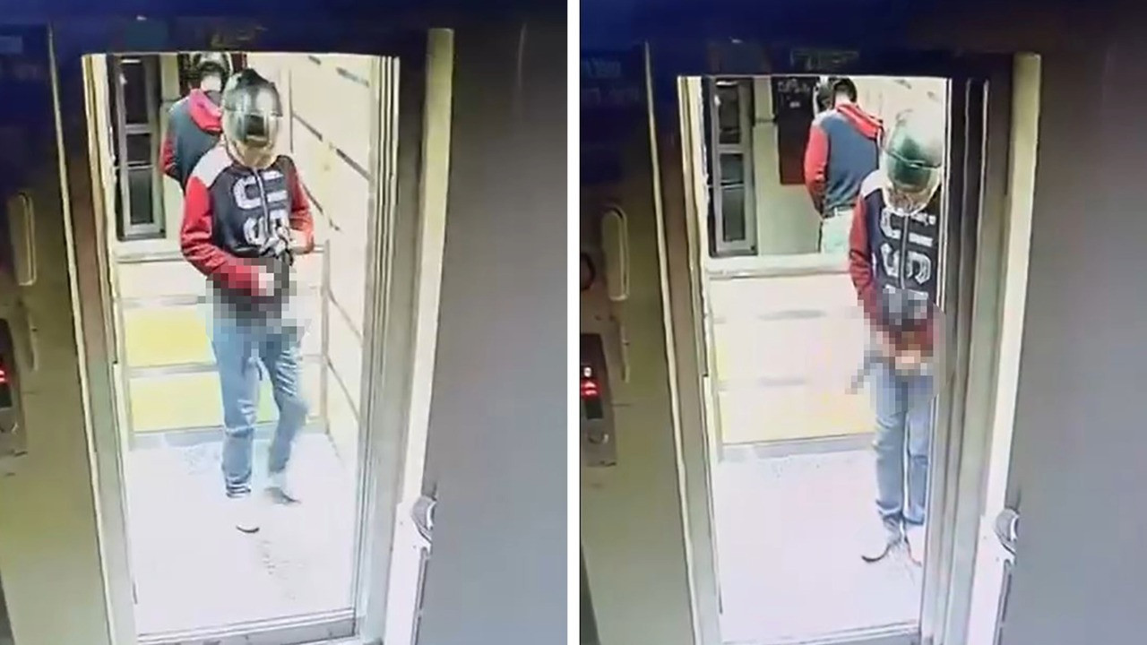 Kaskla girdi, asansöre idrarını yaptı, damdan kuşları çaldı