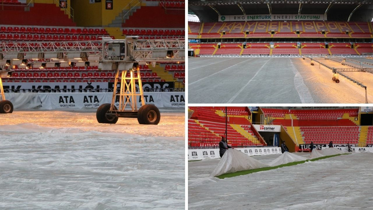Hava -17 derece olunca stadın zeminine naylon örtü serildi