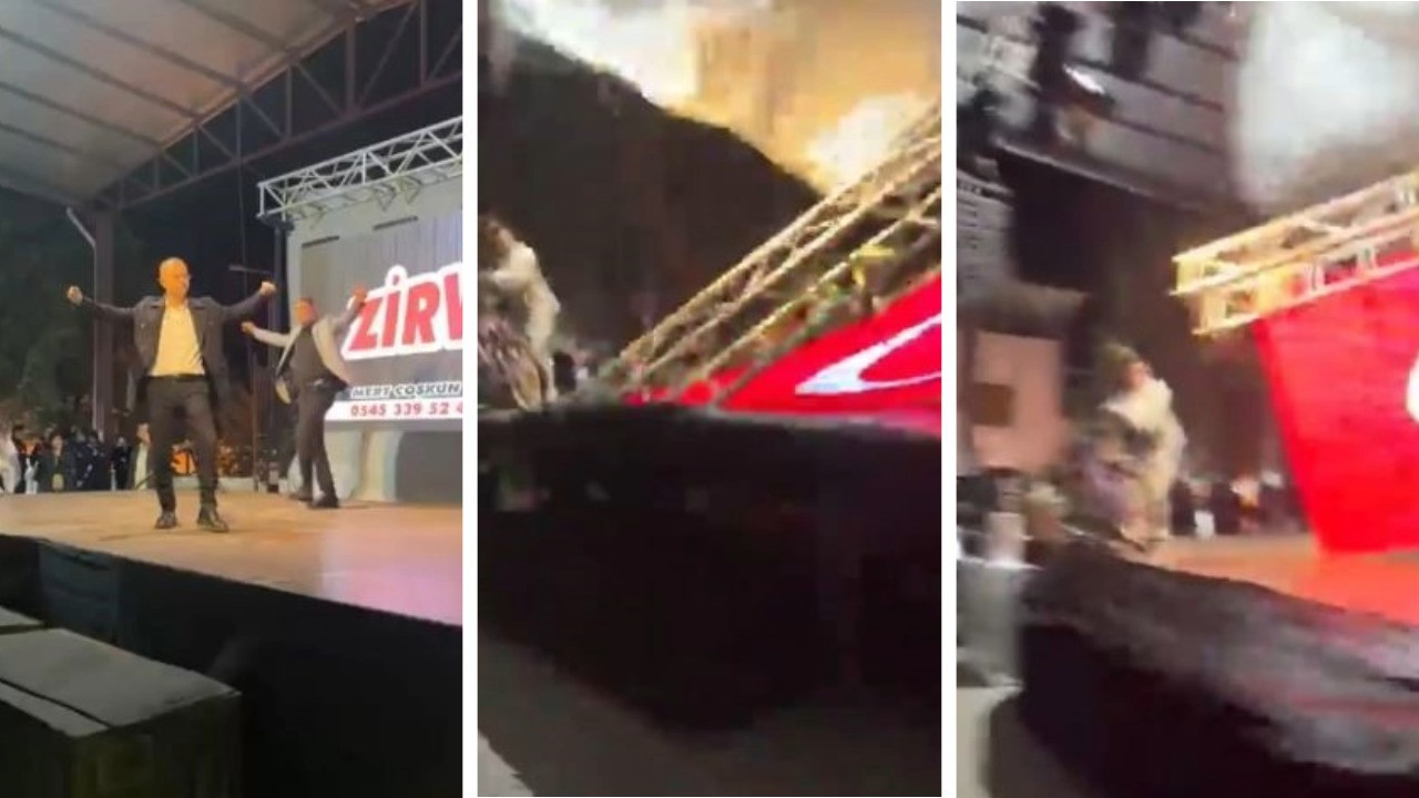 Sahne bir anda çöktü: Zeybek oynayan belediye başkanı saniyelerle kurtuldu