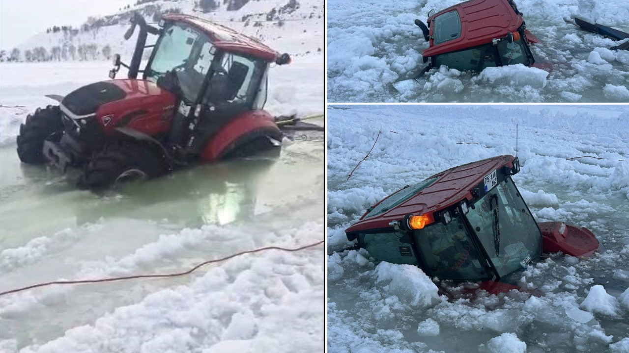 Çıldır Gölü'ndeki buz kırıldı, traktör sulara gömüldü