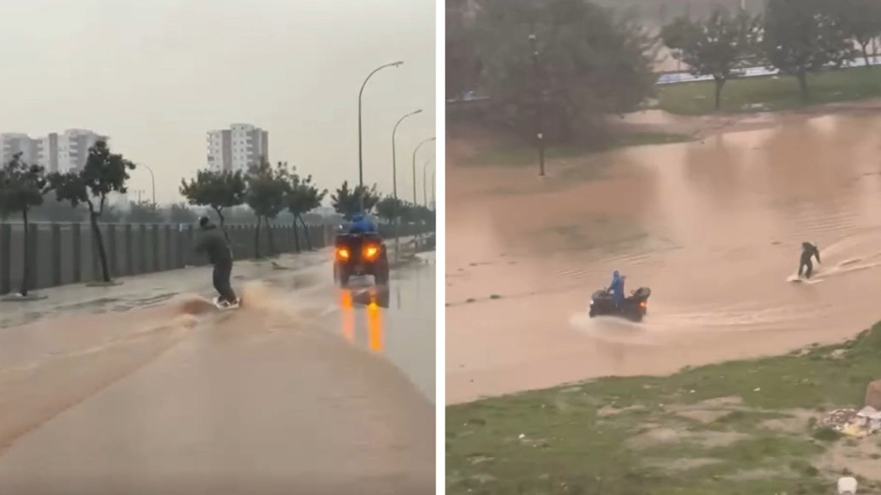 Adana’da su dolan caddede sörf yaptı