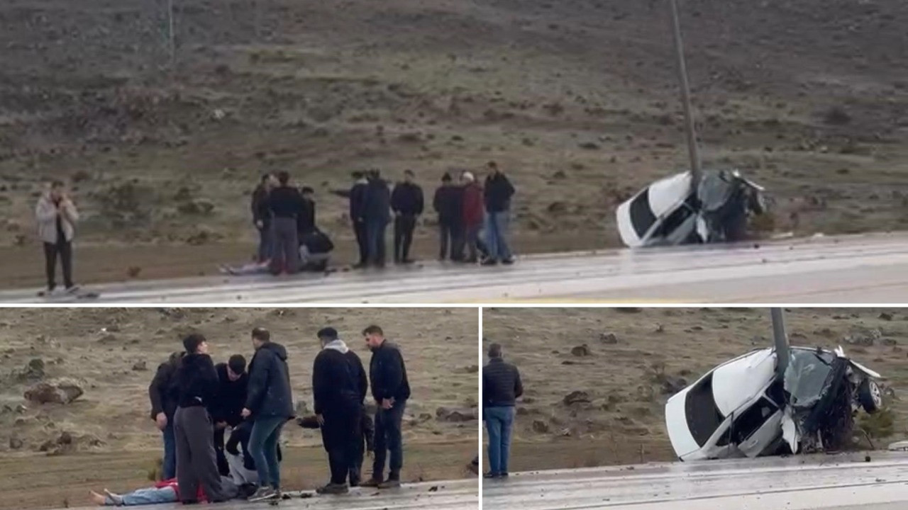 Direğe çarpan otomobil ikiye katlandı