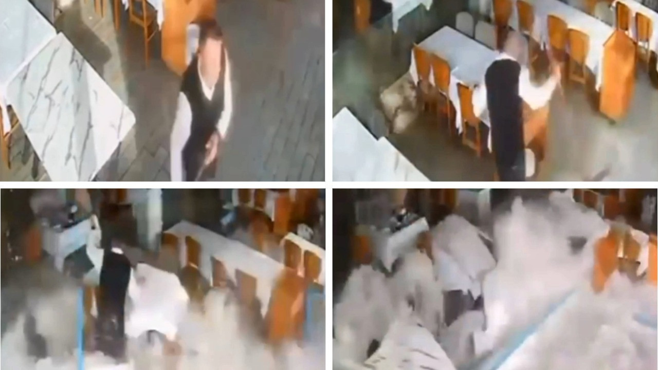 Film sahnesini aratmayan anlar: Balık restoranını vuran dalga çalışanı sürükledi