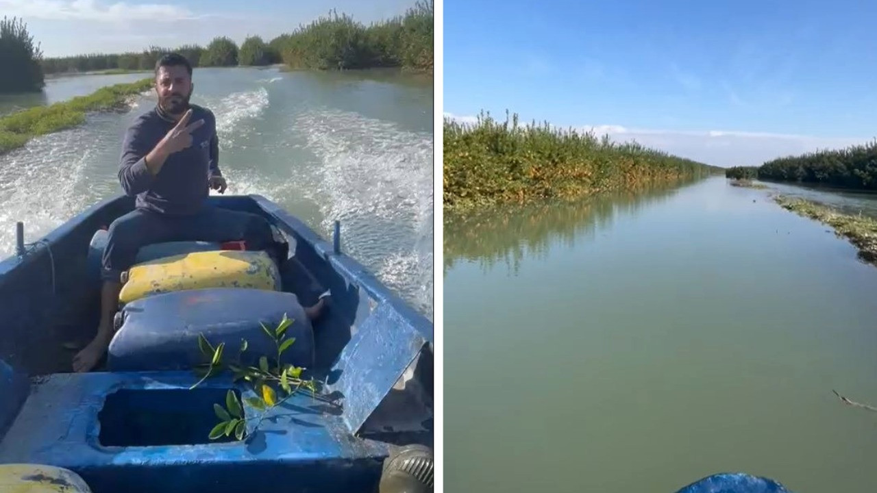 Su altında kalan bahçesine kayıkla ulaştı