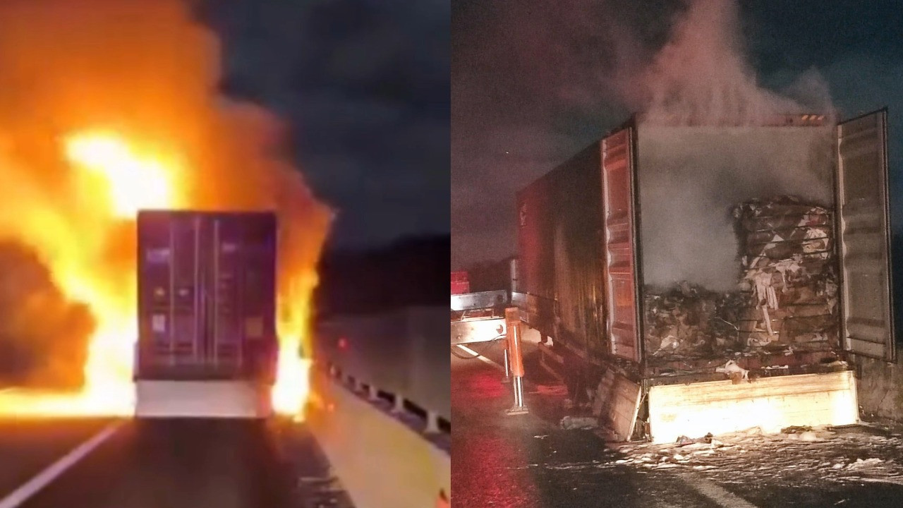 TIR üzerindeki konteyner alev alev yandı