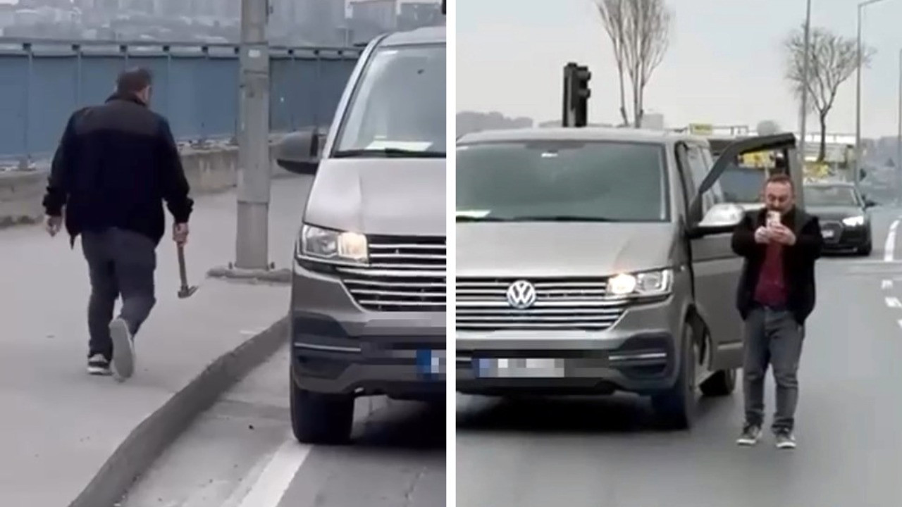 Trafik tartışmasında aracından çekiçle indi, kamerayı görünce geri döndü