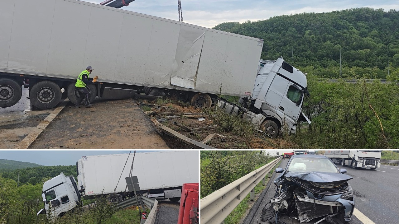 Kuzey Marmara'da otomobilin çarptığı TIR bariyerleri aşıp yoldan çıktı