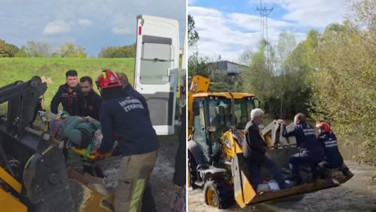 Çatalca'da dere taştı, kolu kırılan kadın kepçeyle karşıya geçirildi