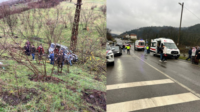 Üç araç birbirine girdi; 1'i şarampole yuvarlandı