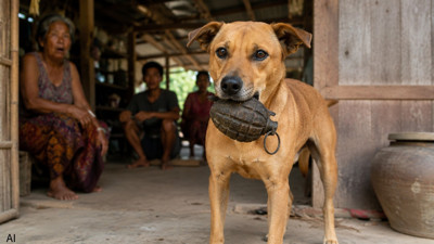 Evcil köpek, eve el bombası getirdi