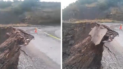 Köy yolu saniyeler içinde çöktü. O anlar kameraya yansıdı