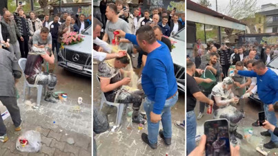 Damadın üstünde yumurta kırıp süt, ketçap ve mayonez döktüler