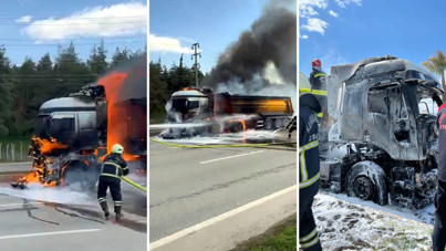 Seyir halindeki kamyon alev alev yandı