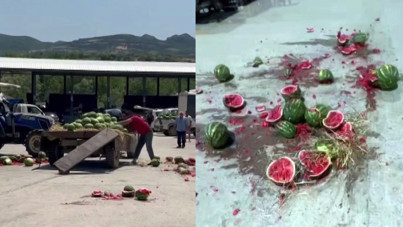 Bir römork dolusu karpuzu pazarın ortasında parçaladı