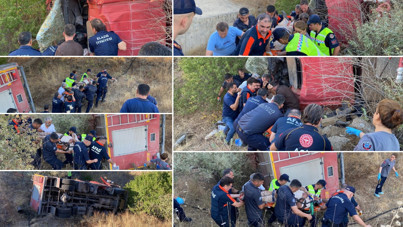 Yangına giden itfaiye aracı şarampole devrildi