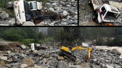 Tonlarca ağırlıktaki iş makineleri sel sularına kapıldı