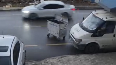Rüzgarın şiddetiyle sürüklenen çöp konteyneri trafikte tehlike yarattı