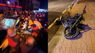 Otomobilin çarptığı motosiklet sürücüsü metrelerce savruldu