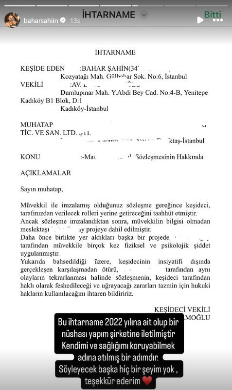Mine Tugay mobbing iddiasını reddetti: Bahar Şahin ihtarnamenin bir kopyasını paylaştı - Resim : 1