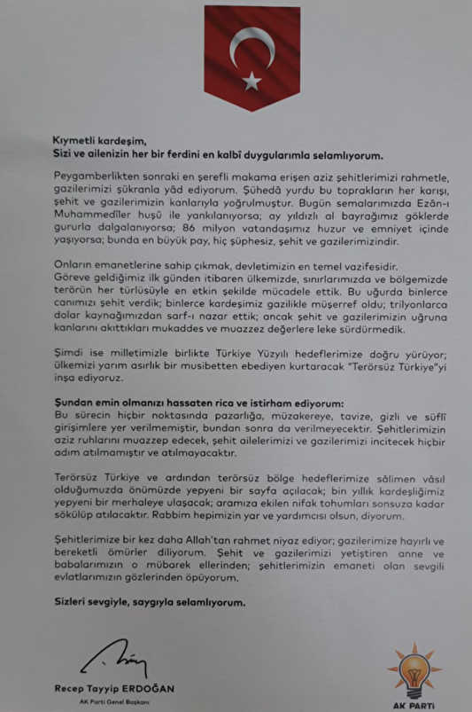 Erdoğan'dan şehit ailelerine 'süreç' mektubu - Resim : 1