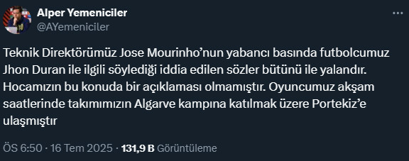 Fenerbahçe, Mourinho ve Duran krizi iddiasına yanıt verdi - Resim : 2