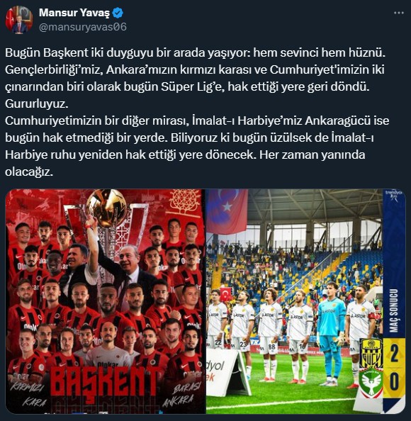Mansur Yavaş'tan Gençlerbirliği ve Ankaragücü mesajı: "İki duygu bir arada" - Resim : 1