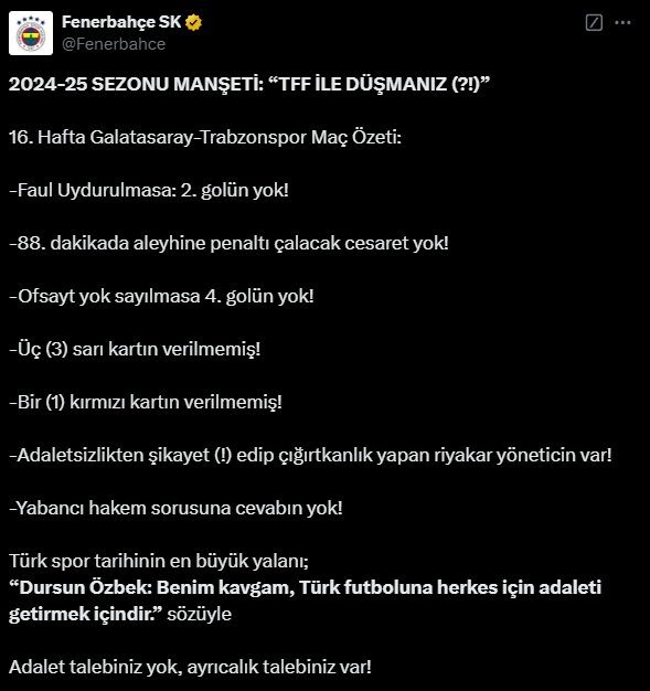 Fenerbahçe'den Galatasaray'a ültimatom: Adalet talebiniz yok, ayrıcalık talebiniz var! - Resim : 1