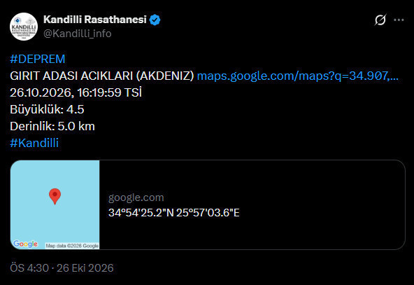 Akdeniz'de deprem. Kandilli büyüklüğünü açıkladı - Resim : 1