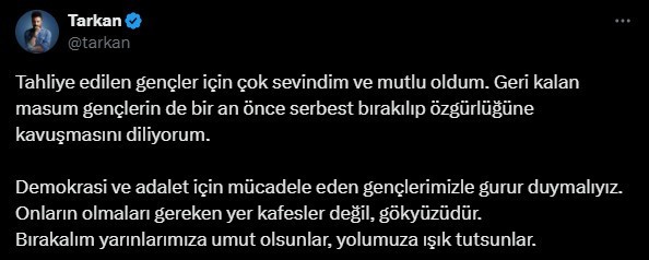 Tarkan’dan tahliye edilen gençler için paylaşım: Bırakalım yarınlarımıza umut olsunlar - Resim : 1