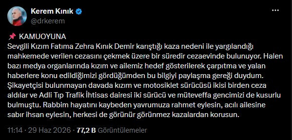Kerem Kınık, kızı Zehra Kınık’ın cezaevinde olduğunu açıkladı - Resim : 1