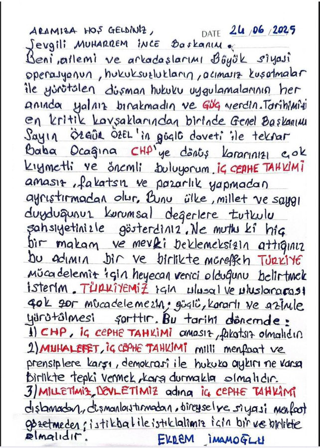İnce, CHP'ye katılacağını İmamoğlu'nun mektubuyla duyurdu - Resim : 1