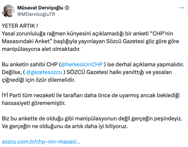 Müsavat Dervişoğlu’ndan anket isyanı: Yeter artık - Resim : 1