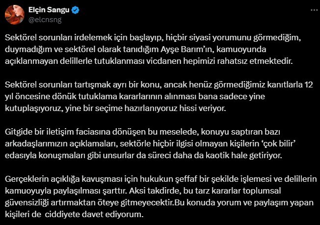 Elçin Sangu'dan Ayşe Barım'ın tutuklanmasına tepki - Resim : 1