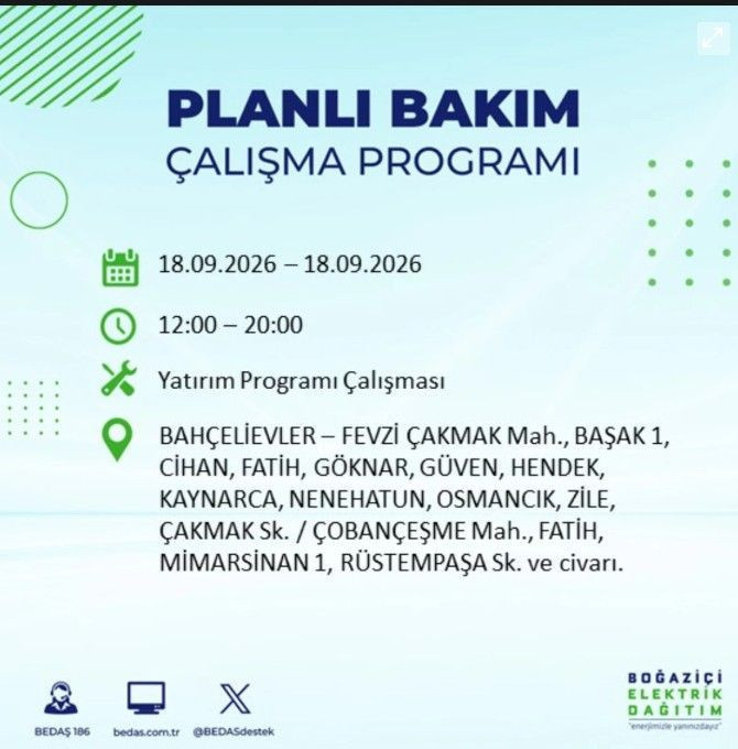 İstanbul’da bugün birçok ilçe karanlıkta kalacak (18 Eylül 2026) BEDAŞ ve AYEDAŞ duyurdu - Resim: 7