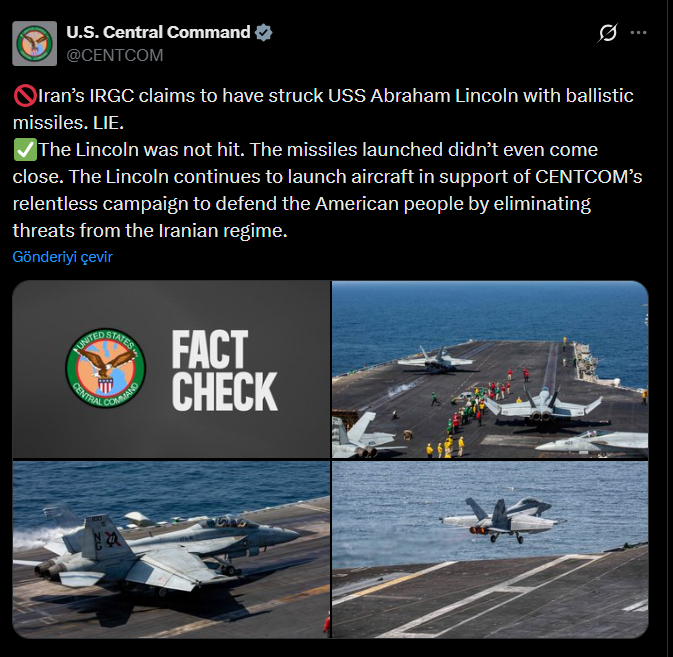 İran'dan yeni iddia: Abraham Lincoln'u 4 füzeyle vurduk - Resim : 1