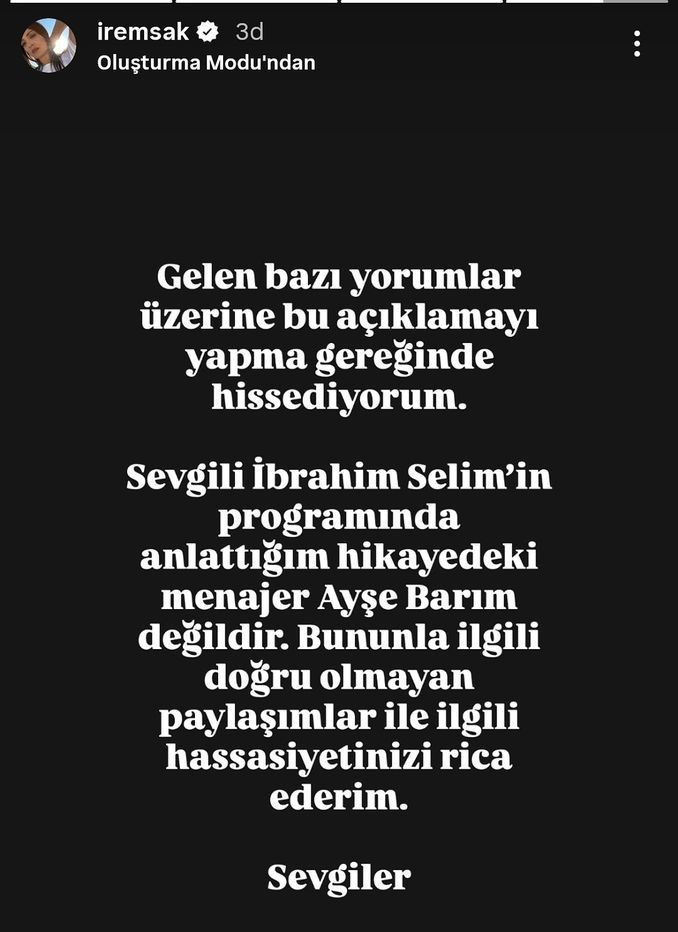 İrem Sak’tan menajer açıklaması: “O kişi Ayşe Barım değil” - Resim : 1