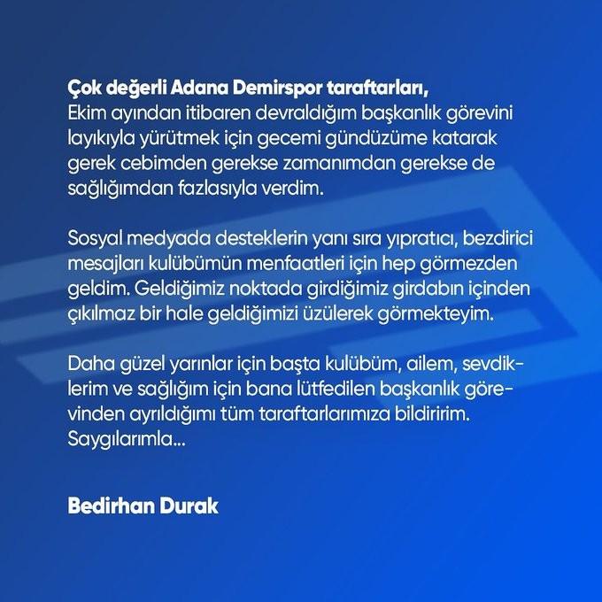 Sahadan çekilen Adana Demirspor'da Başkan Bedirhan Durak istifa etti - Resim : 1