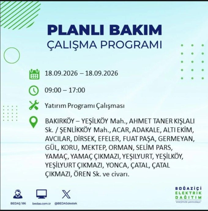 İstanbul’da bugün birçok ilçe karanlıkta kalacak (18 Eylül 2026) BEDAŞ ve AYEDAŞ duyurdu - Resim: 18
