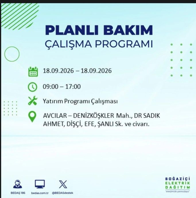 İstanbul’da bugün birçok ilçe karanlıkta kalacak (18 Eylül 2026) BEDAŞ ve AYEDAŞ duyurdu - Resim: 11
